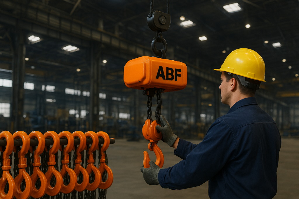 Trabalhador operando talha elétrica da ABF Elevações em ambiente industrial.